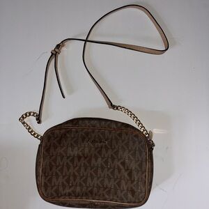 Michael Kors Brown Logo Crossbody with Gold Chain Detail